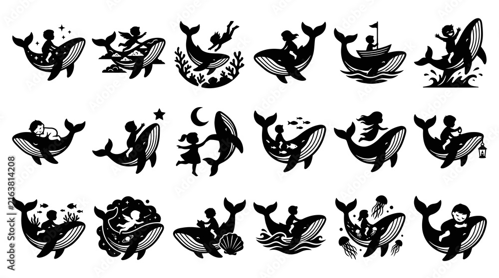 Fototapeta premium Children and Whales Silhouette Collection: Black and White Glyphs of Kids Playing with Marine Animals