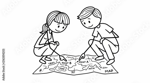 Stick man characters pointing at a paper map together during adventure planning