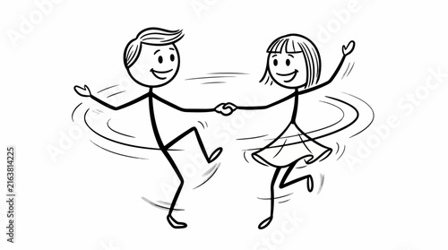 Stick man and woman dancing together in circles with happy smiling faces in cartoon vector illustration