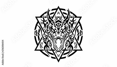 A striking black and white tribal tattoo design featuring a fierce dragon head.