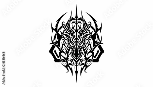 A striking black and white tribal tattoo design featuring a fierce dragon head with intricate details and sharp, angular elements.