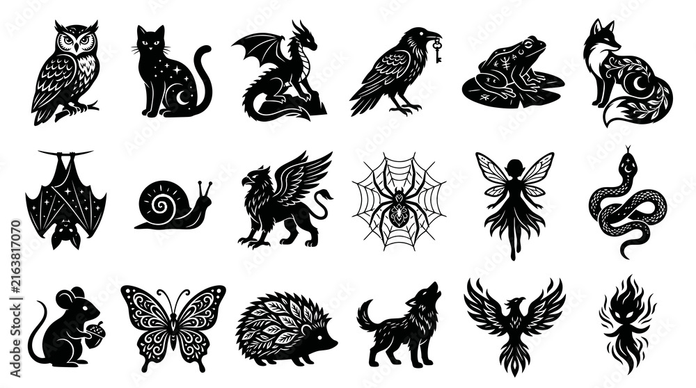Obraz premium Esoteric Fantasy Nature Symbols - Stylized Black Silhouette Animal Mythical Creature Set