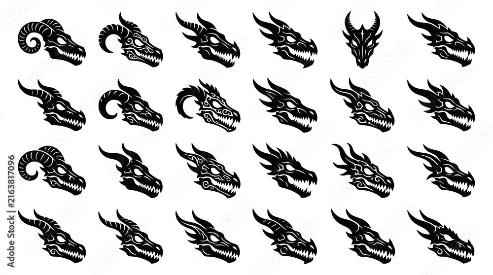 Fototapeta premium Black White Dragon Heads Icons, Fantasy Creatures Vector Art