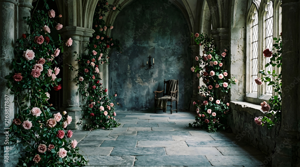 Fototapeta premium Moody medieval stone hall interior with arched windows climbing pink roses and vintage chair