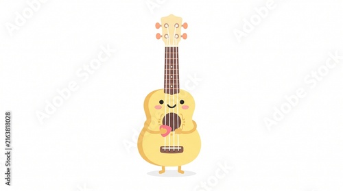 Cute Pastel Yellow Ukulele Character Strumming Itself with Happy Expression | Minimal Flat Vector Music Illustration