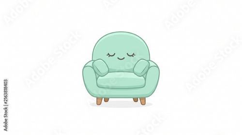 Cute Pastel Green Armchair Character with Cozy Sleepy Face and Tiny Cushion Arms | Minimal Flat Vector Illustration