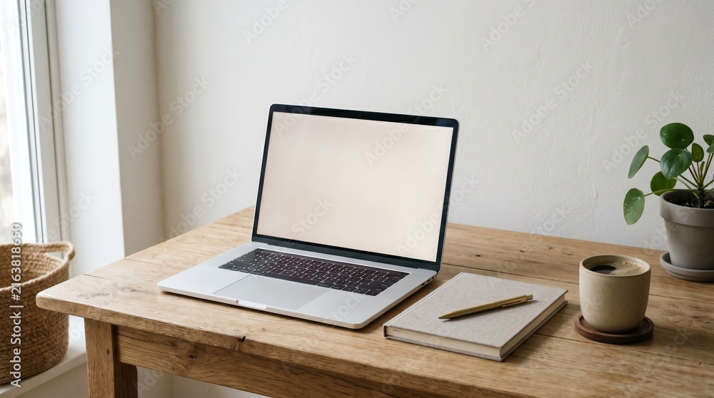 Fototapeta premium Laptop Screen Mockup on Wooden Desk with Notebook, Gold Pen, Coffee Cup and Pilea Plant by the Window