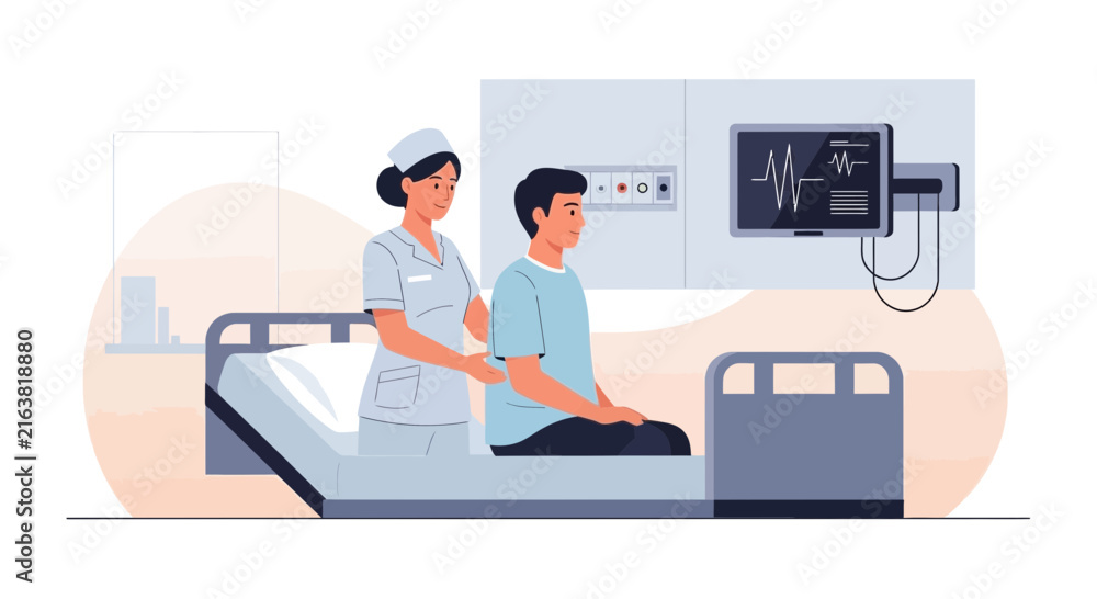 Fototapeta premium Nurse Caring for Patient in Hospital Bed