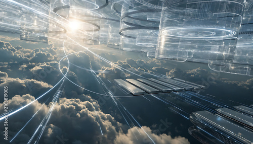 Aerial view of futuristic smart city with solar rays illuminating high-tech urban grid at sunrise