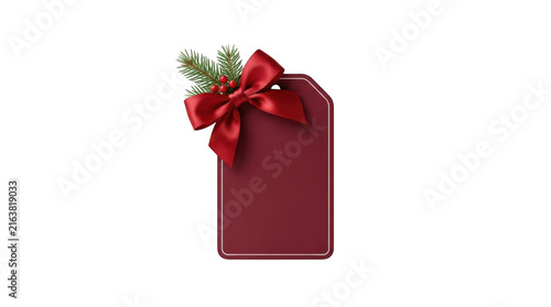 Red christmas gift tag with festive ribbon and holly leaves isolated on transparent background