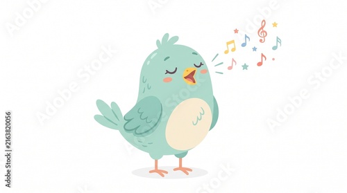 Cute Pastel Teal Bird Character Singing with Round Belly and Closed Eyes | Soft Flat Vector Illustration Isolated on White