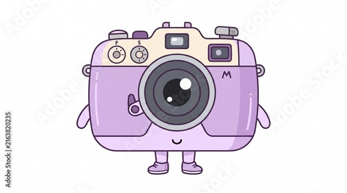 Cute Pastel Lavender Vintage Camera Character with Round Lens Eye and Tiny Smile | Minimal Kawaii Flat Vector Illustration