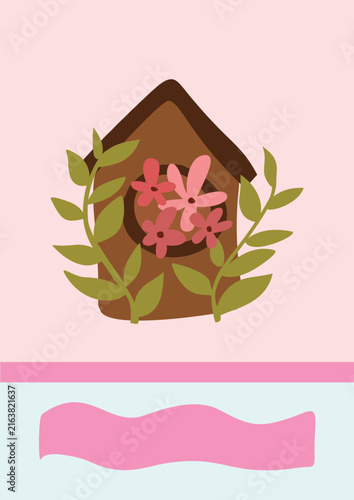 Flower House Poster with Blooming Flowers and Copy Space, Hand Drawn Garden Illustration