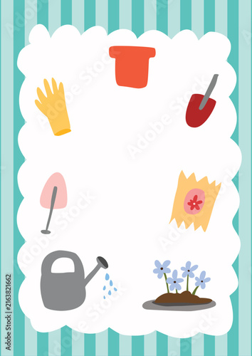 Gardening Tools Frame Poster with Flower House Illustration and Copy Space, Hand Drawn Garden Design