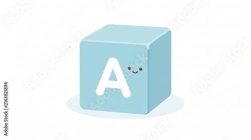 Cute Pastel Blue Alphabet Cube with Letter A and Tiny Smiling Face | Minimal Flat Vector Illustration Isolated on White