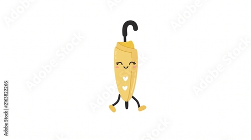 Cute Pastel Mustard Yellow Umbrella Character Walking with Tiny Legs and Happy Closed Eyes | Minimal Kawaii Flat Vector Illustration