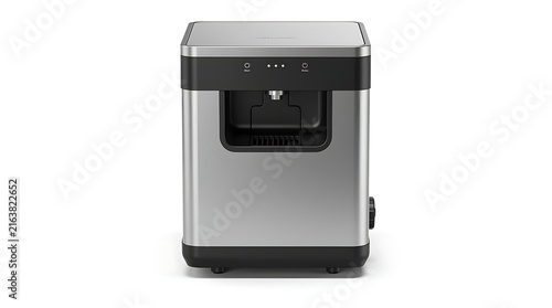 Modern stainless steel countertop ice maker machine isolated on a white background.
