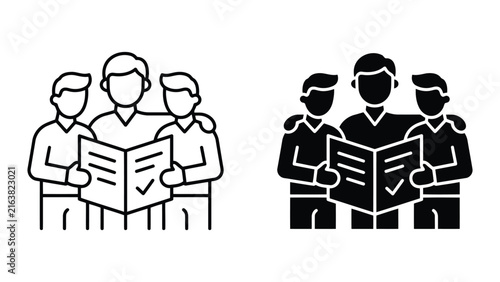 Team reading together collaborative document review vector icon set