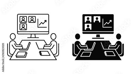 Virtual team meeting and remote collaboration conference icon set with computer