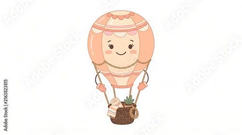 Cute Pastel Peach Hot Air Balloon Character with Woven Basket and Gentle Smile | Whimsical Flat Vector Illustration Isolated on White