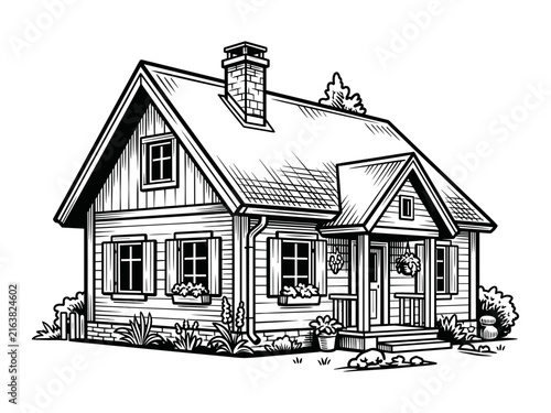 Hand-drawn black and white architectural sketch of a cozy small country cottage with a porch and chimney