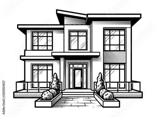 Black and white vector illustration of a modern two-story house with contemporary architectural design