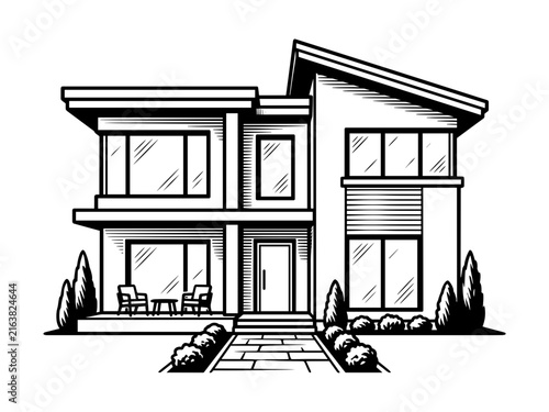 Modern Architectural House Exterior Line Art Vector Illustration Featuring Contemporary Luxury Villa Facade Design
