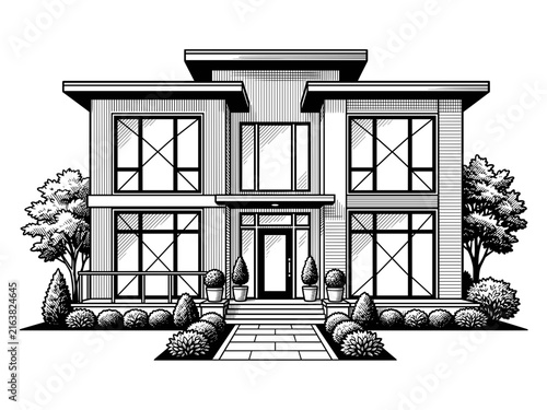 Grayscale illustration of a modern two-story house. Contemporary architectural design, large windows, a manicured front yard, and a welcoming pathway to the entrance