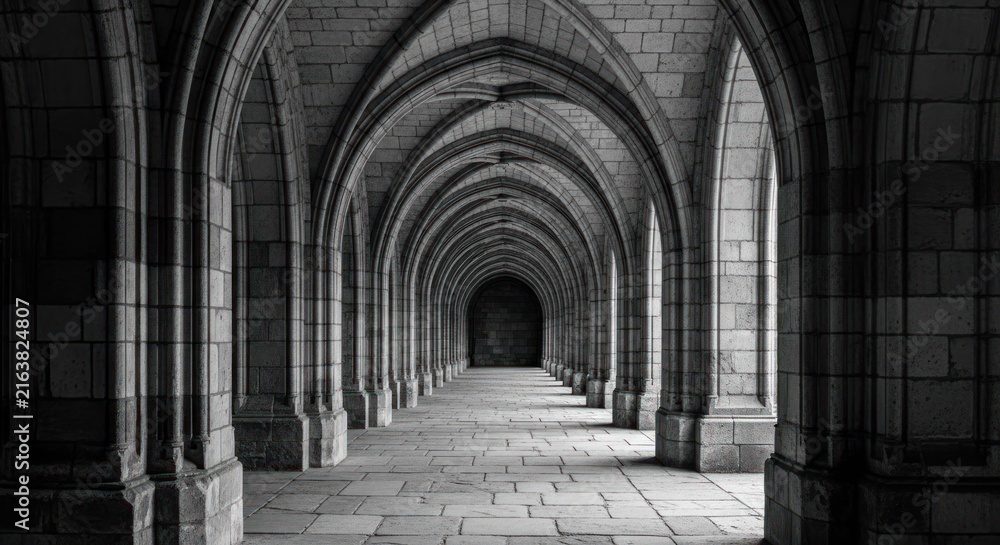 Naklejka premium Black and white arched hallway perspective with repeating patterns and shadows