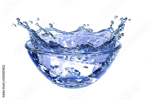 Clear glass bowl with dynamic water splash isolated on white background