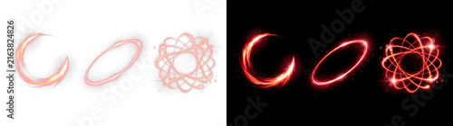 Vibrant red circular energy rings and glowing orbital atom shapes featuring brilliant light flares and particles on transparent background