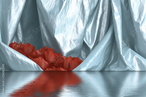 Abstract 3D rendering of iridescent metallic drapery with red petals reflecting on water