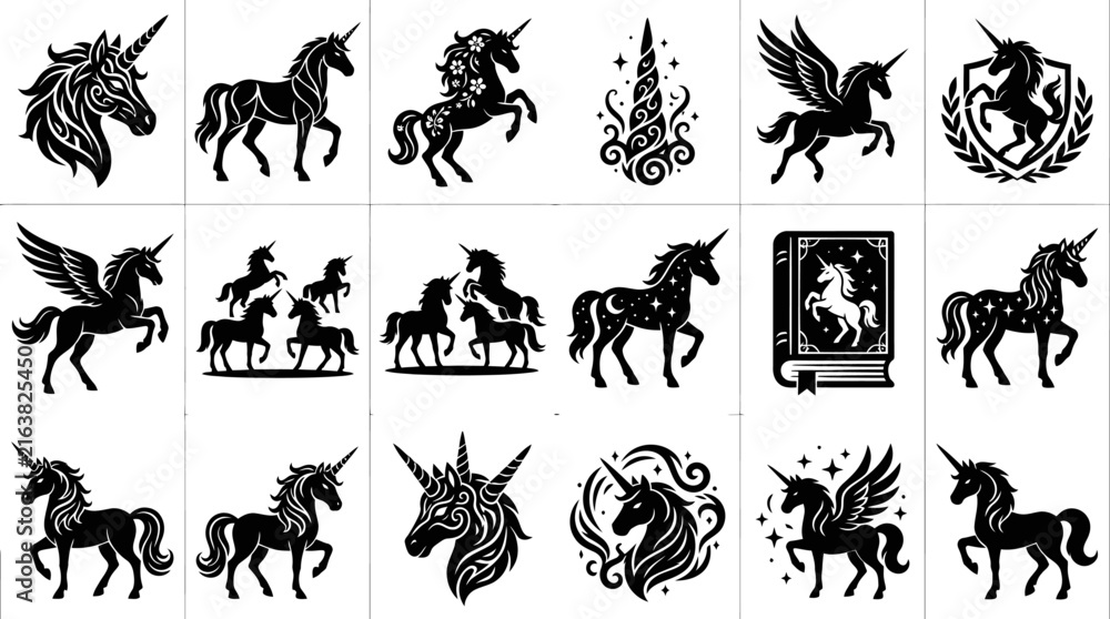 Obraz premium Unicorns Vector Icon Set. Black and White Fantasy Mythical Creatures Glyphs and Silhouettes Collection.