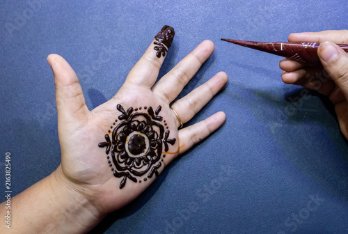 Intricate Henna Mehndi Design Application On Palm During Indian Celebration