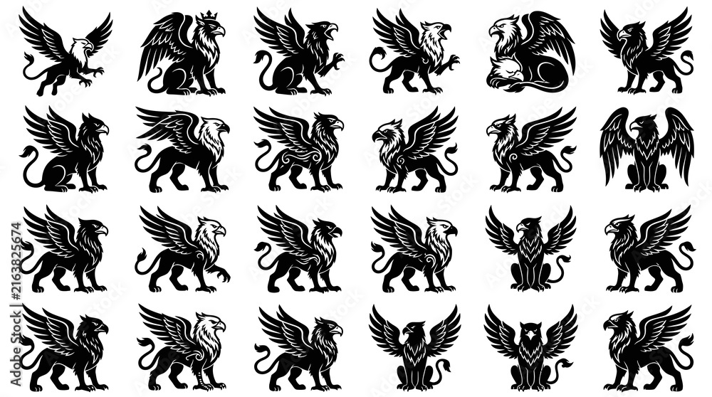 Fototapeta premium Mythology Heraldry Griffin Glyph Icons Set. Black Silhouette Fantasy Creature Vector Design Elements