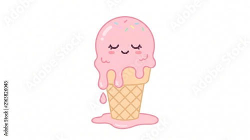 Cute Pastel Pink Melting Ice Cream Cone Character with Dreamy Sleepy Face | Minimal Flat Vector Illustration Isolated on White
