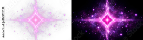 Radiant pink magical energy portal emitting glowing light particles with intense prismatic lens flares and crystalline geometric spikes on transparent background