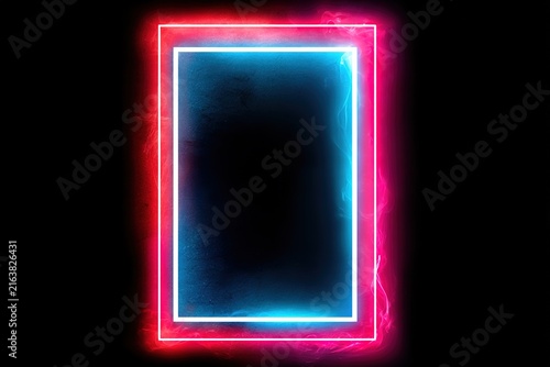 Glowing neon rectangle frame with vibrant pink and blue light on black background