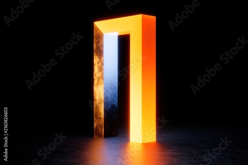 Glowing orange neon rectangular portal frame on dark textured background
