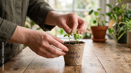 Gardener hands planting fresh basil seedlings in biodegradable eco-friendly paper pot on rustic wooden table, sustainable organic gardening, growing herbs at home, nature care