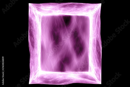 Glowing purple neon rectangle frame with abstract light energy border on black background