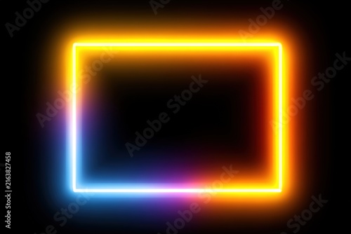 Glowing neon rectangle frame with vibrant yellow and blue light on black background