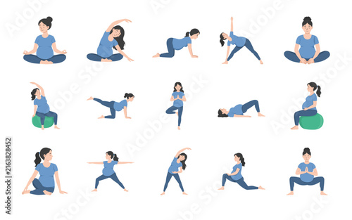 Pregnant Women Yoga and Prenatal Exercise Poses Illustration Set.