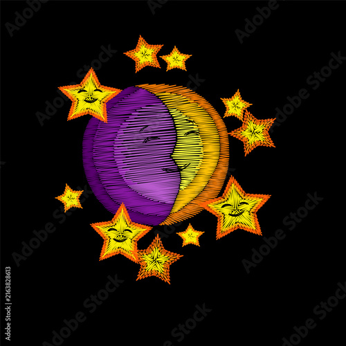 Sleeping crescent moon with smiling stars embroidery design. Cute celestial needlework stitch style. Clothing towel bag jacket back cover print. Black background hand-stitched vector art.