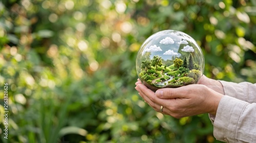 Hands holding glass sphere containing miniature green forest ecosystem, environmental protection, sustainability, nature conservation, ecology balance, climate change awareness