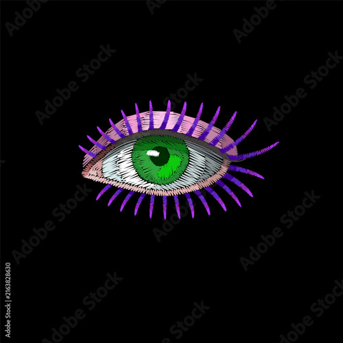 Green eye with purple lashes embroidery design. Mystical needlework stitch style. Clothing towel bag jacket back cover print. Black background hand-stitched vector art.
