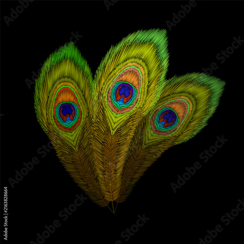 Three colorful peacock feathers embroidery design. Exotic bird plume needlework stitch style. Fashion clothing patches stickers print. Black background hand-stitched vector art.