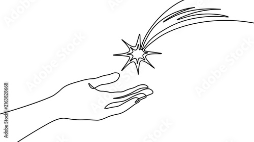 Continuous line hand catching shooting star. Minimalist one line art style. Logos postcards books t-shirts covers print. White background black outline vector illustration.