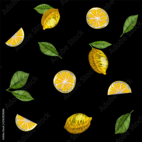 Yellow lemon fruit leaves set embroidery design. Fresh citrus needlework stitch style. Clothing towel bag jacket back cover print. Black background hand-stitched vector art.
