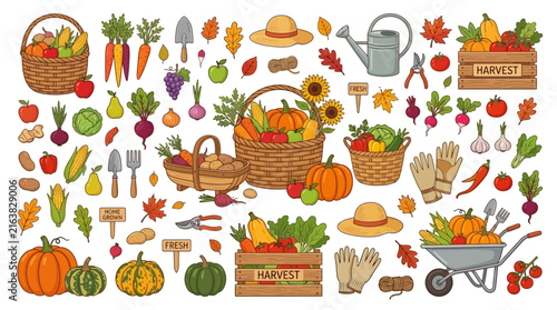 Harvest Season Vector Bundle Featuring Assorted Vegetables, Garden Tools, and Woven Baskets in an Autumnal Rural Setting